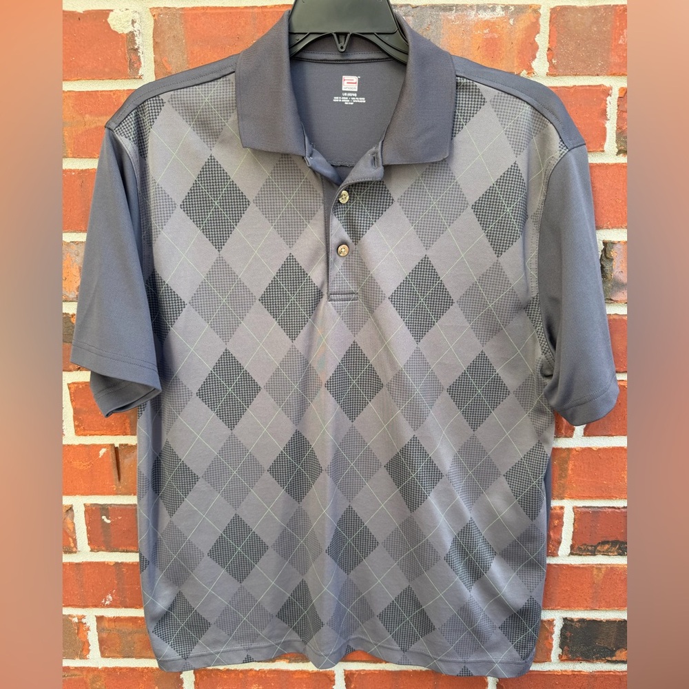2 Under Men’s Large Short Sleeve Gray Argyle Golf Polo Shirt M7